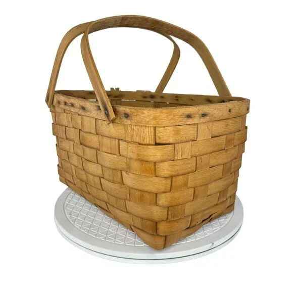 Vtg Basketville Woven Wood Picnic Basket Swing Handles Farmhouse Rustic Decor - Picture 12 of 16